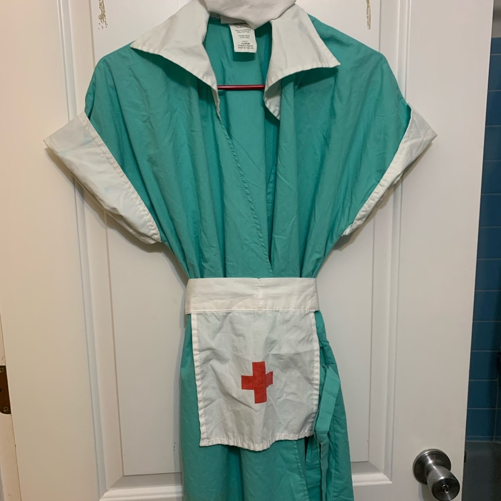 California Costume Co. Fashion Nurse Green and White Wrap Tie Dress Costume